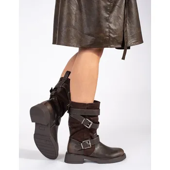 Dámské kozačky Hnědé dámské kotníkové kozačky na nízkém podpatku s přezkami