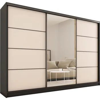 Šatní skříň Šatní skříň HARAZIA 250 se zrcadlem, 4 šuplíky a 2 šatními tyčemi, černá/béžová +možnost VÝNOSU + vyzvednutí ZDARMA