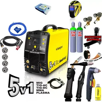 Svářečka KOWAX GeniWeld 5v1 200 Svařovací invertor MIG/PLASMA/ACTIG/DCTIG/MMA SET 3 + 2x LAHEV SMĚS 20l / AR 20l + VENTILY + KUKLA