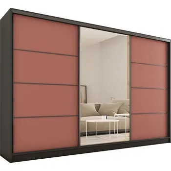 Šatní skříň Šatní skříň HARAZIA 280 se zrcadlem, 4 šuplíky a 2 šatními tyčemi, černá/cihlově červená +možnost VÝNOSU + vyzvednutí ZDARMA
