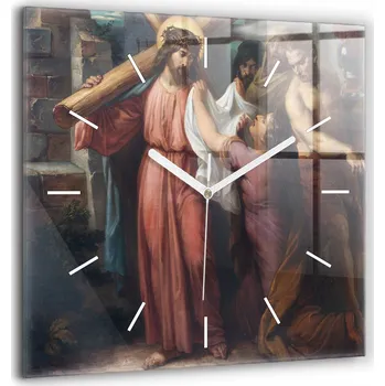 Hodiny Skleněné nástěnné hodiny tiché s s potiskem Křížová cesta Ježíše 60x60