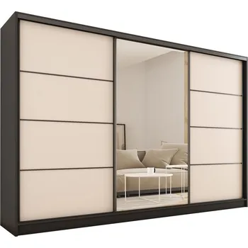 Šatní skříň Šatní skříň HARAZIA 280 se zrcadlem, 4 šuplíky a 2 šatními tyčemi, černá/béžová +možnost VÝNOSU + vyzvednutí ZDARMA