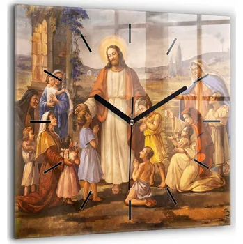 Hodiny Moderní skleněné nástěnné hodiny s potiskem Ježíš Kristus a děti 60x60 cm