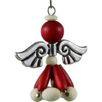 Vánoční ozdoba Anděl dřevěný červenokrémový - starostříbrná křídla
