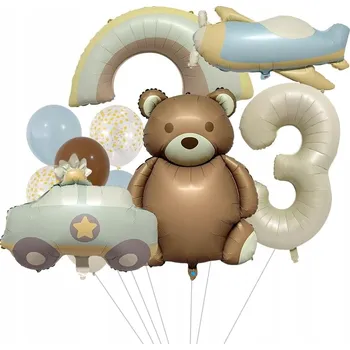 Balónek Sada balónků NAROZENINY MEDVÍDEK LETADLO AUTÍČKO pastelové RETRO číslice 3
