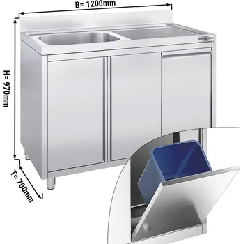 Kuchyňská skříňka G.Gastro Dřezová skříňka z nerezové oceli s odpadkovým košem - 1,2 m - 1 dřez vlevo - D 50 x Š 50 cm
