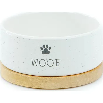 Miska pro psa DOG FANTASY Keramická miska s dřevěnou podložkou, 400 ml, bílá