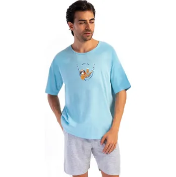 Pánské pyžamo Pánské pyžamo s krátkým rukávem a kraťasy, modré i šedé s lenochodem, relax 1P1912 modrá xxl