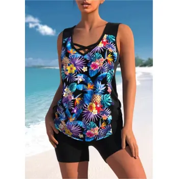 Dámské plavky Dámské dvoudílné plavky - tankiny - s květinovým potiskem (vel. S až 6XL) Barva: Černá, Velikost: XL