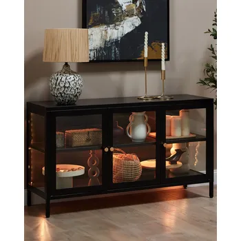 Příborník do zásuvky 3dveřový kovový LED příborník se skleněnou vitrínou černý elegantní skříňky nábytek stylový Beliani