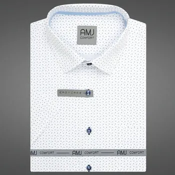 Pánská košile AMJ bavlněná, bílá, tmavě modré tečky a čárky, VKSBR1449, krátký rukáv, slim fit, vel. 40