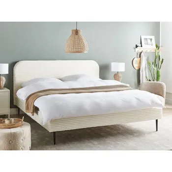 Ložnice Postel krémově bílá manšestr 180 x 200 cm čalouněné čelo černé nohy lamelový rošt minimalistický design Beliani