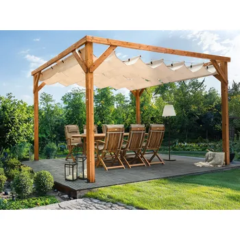 Pergola Pergola světlé dřevo béžová textilní střecha dřevěná konstrukce 320 x 380 cm moderní průmyslový zahradní přístřešek Beliani
