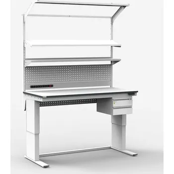 Dílenský stůl ESD pracovní stůl ALFA ELEKTRO s přestavitelnou výškou, 1500 x 800 mm, se zásuvkami, nástavbou a osvětlením