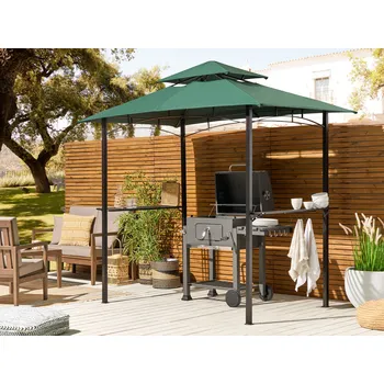 Zahradní altán Altán tmavozelená látka Černá ocel 240 x 148 cm Kovový rám Baldachýn nebesa stříška s háčky a policemi Zahradní pavilon stan besídka Beliani