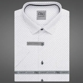 Pánská košile AMJ bavlněná, bílá, černé ornamenty, VKSBR1443, krátký rukáv, slim fit, vel. 43