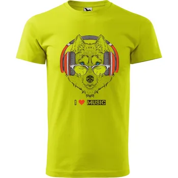 Pánské oblečení Pánské tričko I love music vlk Velikost: XS, Barva trička: Limetková