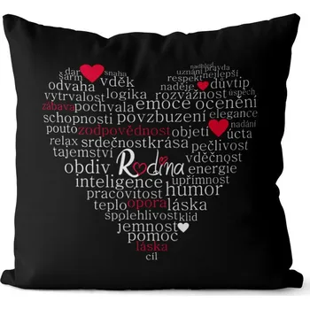 Dekorativní polštářek Polštář 40 x 40 cm - Rodina - srdce z textu