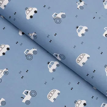 Dětská bavlněná látka/plátno Sandra SA-589 Traktory a autíčka na modrém - šířka 160 cm