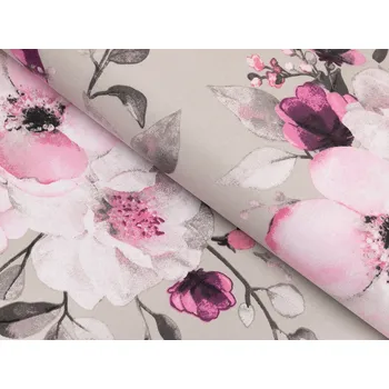 Bavlněná látka/plátno Sandra SA-494 Velké růžové květy na světle šedobéžovém - šířka 160 cm