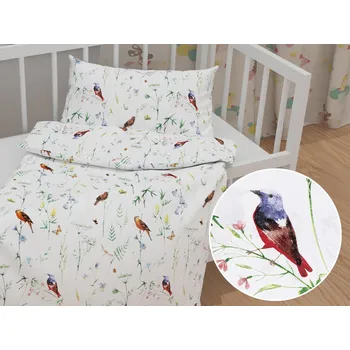 Povlečení Dětské bavlněné povlečení do postýlky Sandra SA-392 Luční kvítí s ptáčky Do postýlky 90x140 a 50x70 cm
