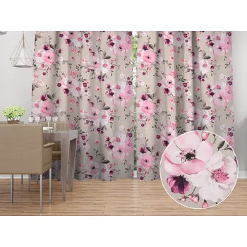 ubrus Bavlněný závěs Sandra SA-494 Velké růžové květy na světle šedobéžovém 150x140 cm