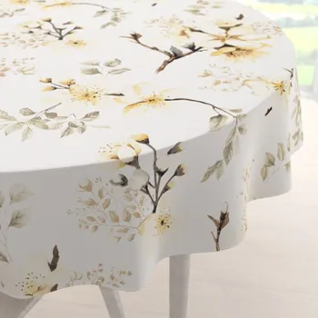 ubrus Bavlněný kulatý ubrus Sandra SA-582 Žluté květy s větvičkami na bílém Ø 70 cm