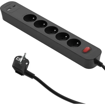 Napájecí kabel Prodlužovací kabel s vypínačem, 1,4 m, 5 zásuvek + USB A, USB C, černý 34099