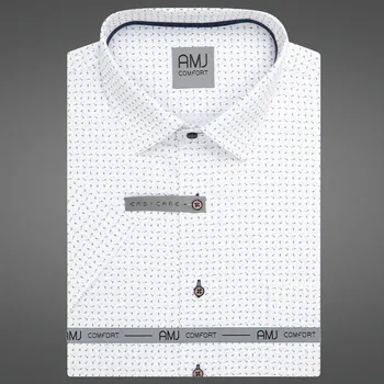 Pánská košile Pánská košile AMJ bavlněná, bílá, modrozlaté tečky a čárky, VKSBR1452, krátký rukáv, slim fit, vel. 40