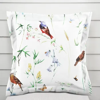Povlak na polštářek Bavlněný povlak na polštář s lemem Sandra SA-392 Luční kvítí s ptáčky 50 x 50 cm