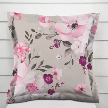 Povlak na dekorativní polštářek Bavlněný povlak na polštář s lemem Sandra SA-494 Velké růžové květy na světle šedobéžovém 30 x 50 cm