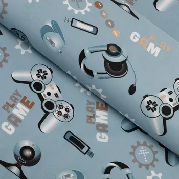 Dětská bavlněná látka/plátno Sandra SA-588 Play Game na modrém - šířka 160 cm