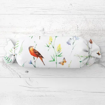 Dekorativní polštářek Polštář válec bonbon Sandra SA-392 Luční kvítí s ptáčky 15x40 cm