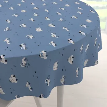 ubrus Dětský bavlněný kulatý ubrus Sandra SA-589 Traktory a autíčka na modrém Ø 60 cm