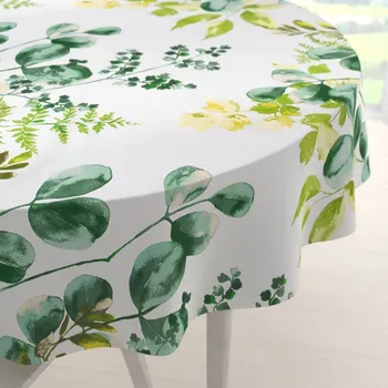 ubrus Bavlněný kulatý ubrus Sandra SA-244 Zelený eukalyptus na bílém Ø 100 cm