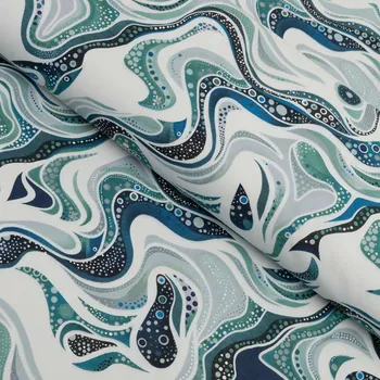 Bavlněná látka/plátno Sandra SA-587 Modro-zelené designové vlnky na mintovém - šířka 160 cm