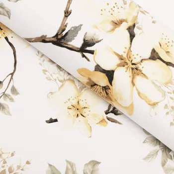 Bavlněná látka/plátno Sandra SA-582 Žluté květy s větvičkami na bílém - šířka 160 cm