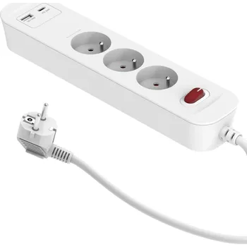 Napájecí kabel Prodlužovací kabel s vypínačem, 1,4 m, 3 zásuvky + USB A, USB C, bílý 34096