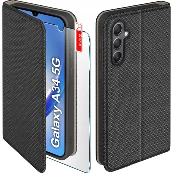 Pouzdro na mobilní telefon Flipové pouzdro pro Samsung Galaxy A34 5G Zavírací Černé Pouzdro + Sklo 9H