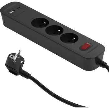 Napájecí kabel Prodlužovací kabel s vypínačem, 1,4 m, 3 zásuvky + USB A, USB C, černý 34098