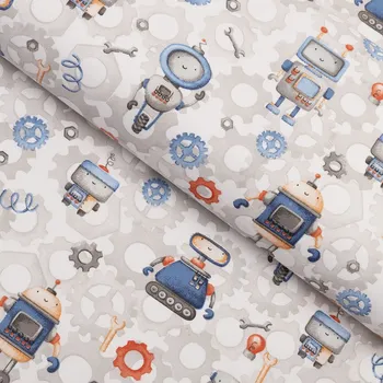 Dětská bavlněná látka/plátno Sandra SA-584 Svět robotů na šedo-bílém - šířka 160 cm
