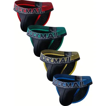 Pánské erotické prádlo Set 4ks - JOCKMAIL slipy černé s pruhovanou barevnou gumou Velikost: XL