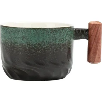 Keramický hrnek s dřevěným uchem | Retro hrnek, kuchyňské vybavení - Zelený přechod
