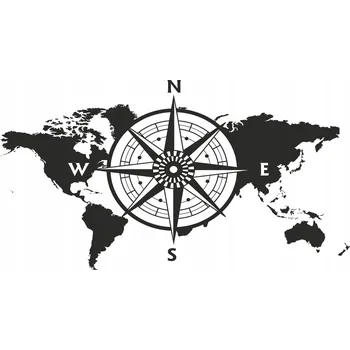 Obraz Nálepky na zeď Mapa světa s kompasem - nálepka na stěnu do obýváku, 60x120 cm