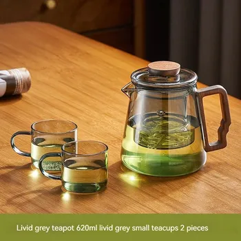 Konvice na čaj Skleněná konvice s filtrem pro čaj a kávu | skleněné nádobí - šedá a šálek2
