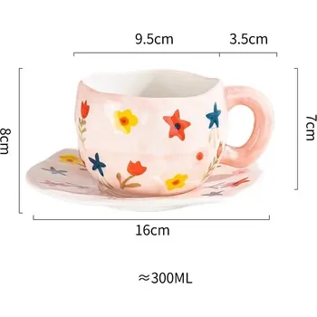 Keramický hrnek ručně malovaný s podšálkem 300 ml | kuchyňské vybavení - Růžový květ