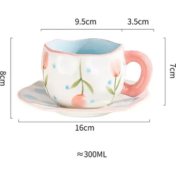 Keramický hrnek ručně malovaný s podšálkem 300 ml | kuchyňské vybavení - Růžový tulipán