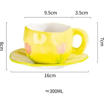 Keramický hrnek ručně malovaný s podšálkem 300 ml | kuchyňské vybavení - Žlutý tulipán
