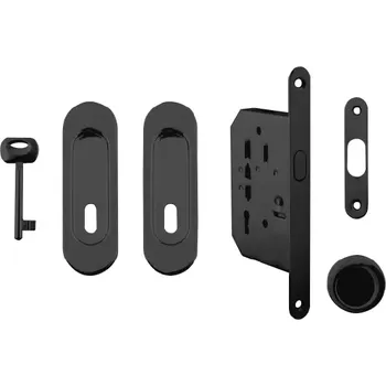 Dveřní kování Set na posuvné dveře oválný, černý (pro klíč) (Zadlabací zámek, madla, protiplech)
