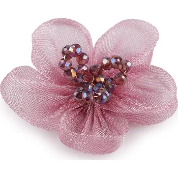 Galanterie Organzový květ s broušenými korálky k našití a nalepení Ø4,5 cm, barva 3 (4) starorůžová